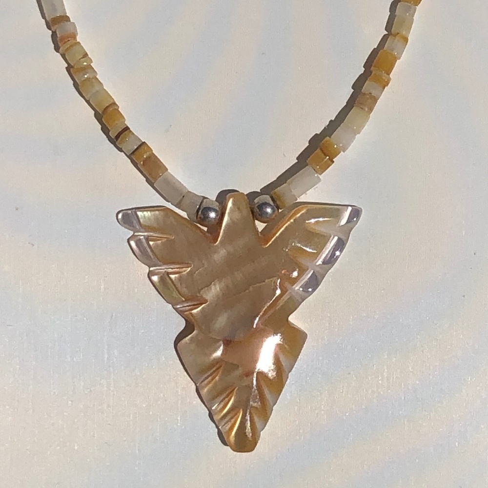 BOHO PRETTY Native American Zuni MOP Peyote Bird Heishe Necklace